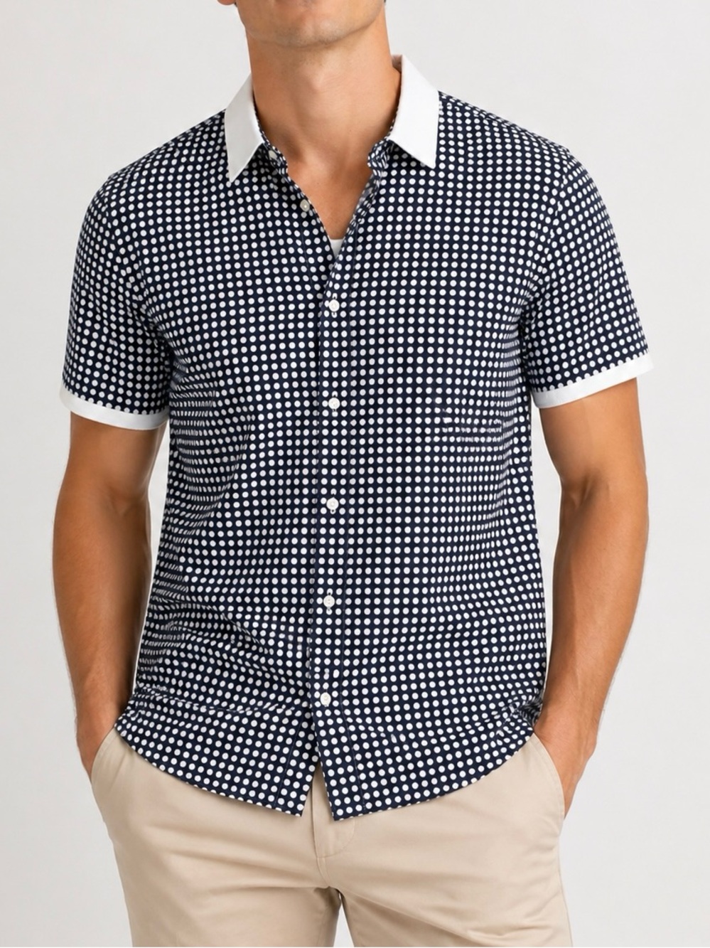 Michael Kors Navy Polka Dot Slim Fit Button Up Shirt XL Short Sleeve